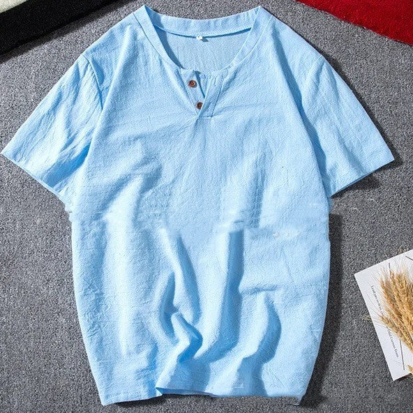 Men's Casual Solid Cotton And Linen Short Sleeves